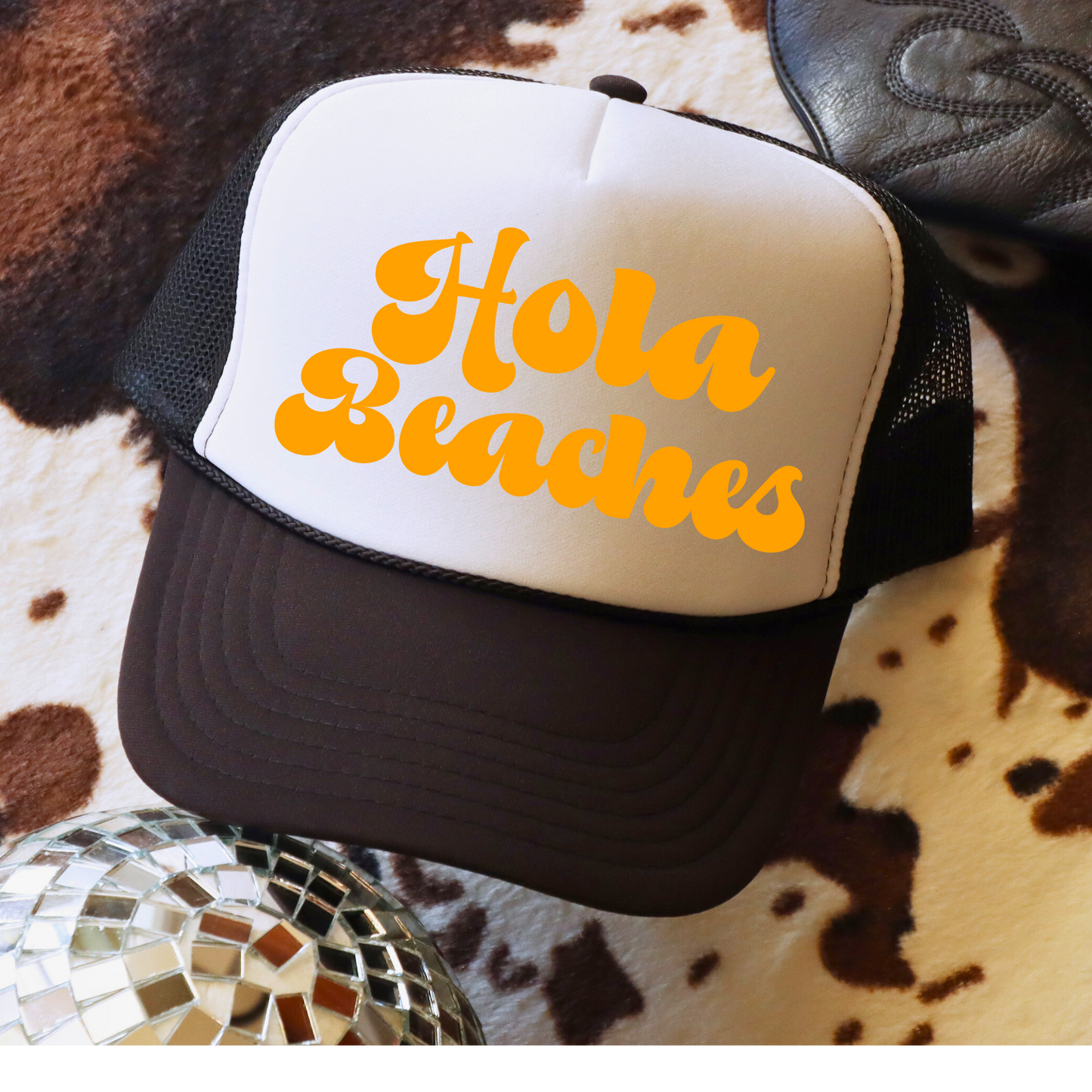 Hola Beaches Black Trucker Hat